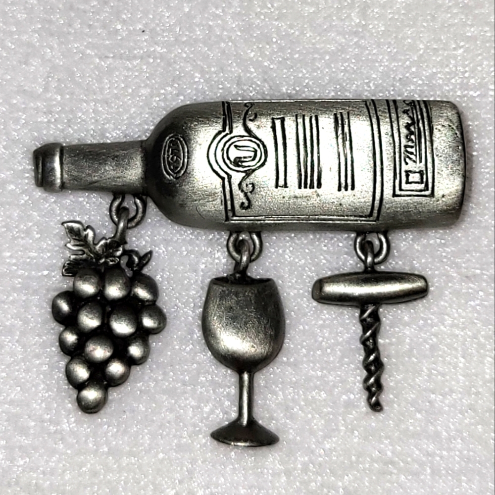 Vintage JJ Jonette Silver Tone Bottle Corkscrew Goblet Grapes Brooch / Pin